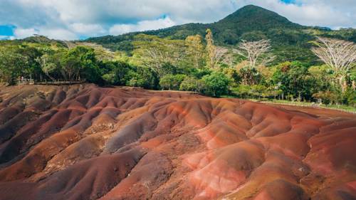 Aerial view of the Seven Coloured Earth dunes in Chamarel, Mauritius